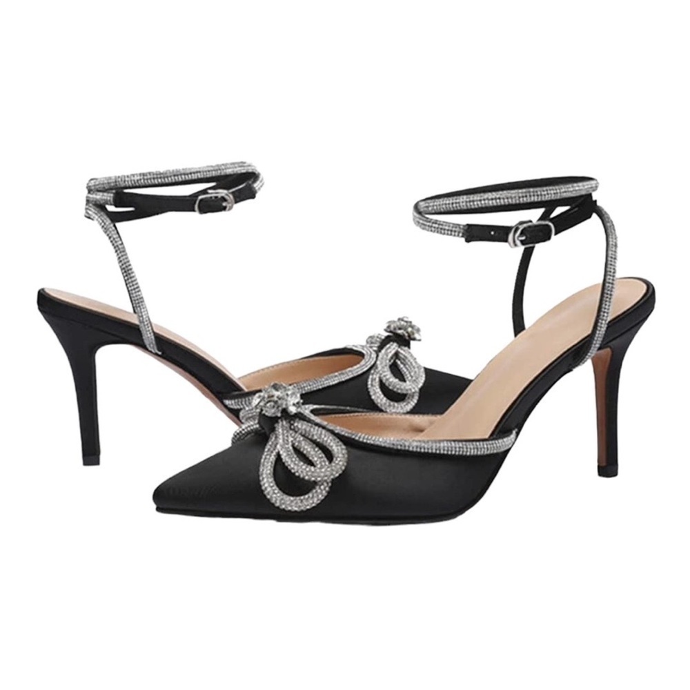 Black Wrap Slingback Heels Crystal Rhinestone Embellished Bow Ankle Strap 3 7/8…
